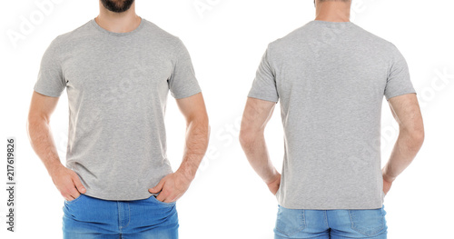 Front and back views of young man in grey t-shirt on white background. Mockup for design