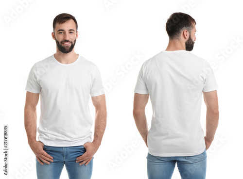 Front and back views of young man in blank t-shirt on white background. Mockup for design