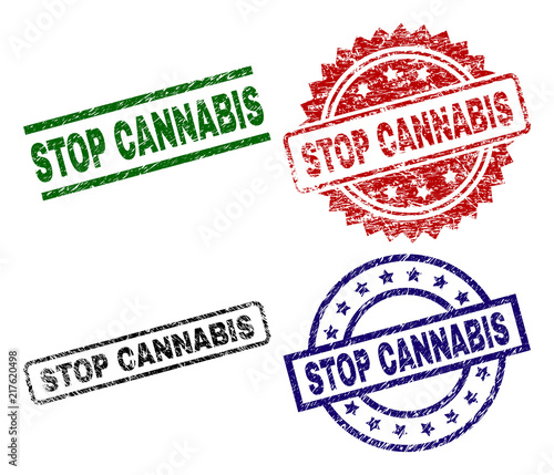 STOP CANNABIS seal prints with damaged style. Black, green,red,blue vector rubber prints of STOP CANNABIS title with dust style. Rubber seals with round, rectangle, medal shapes.