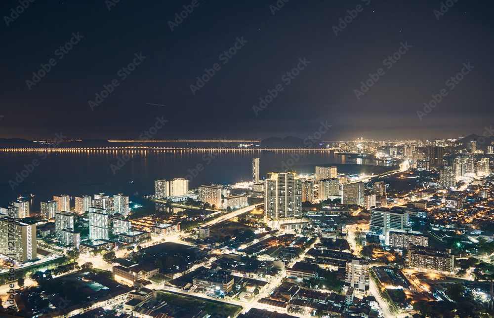 Night panorama of the city George Town, Malaysia