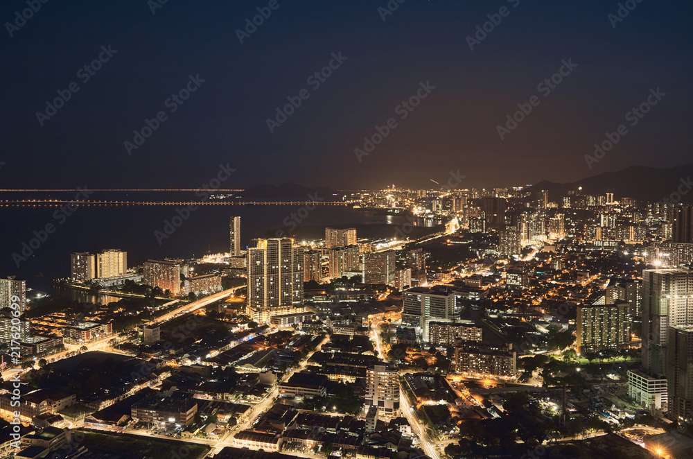 Night panorama of the city George Town, Malaysia