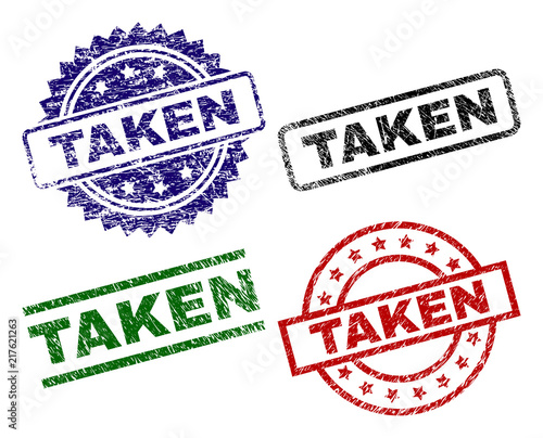 TAKEN seal prints with corroded texture. Black, green,red,blue vector rubber prints of TAKEN title with grunge texture. Rubber seals with round, rectangle, medallion shapes.