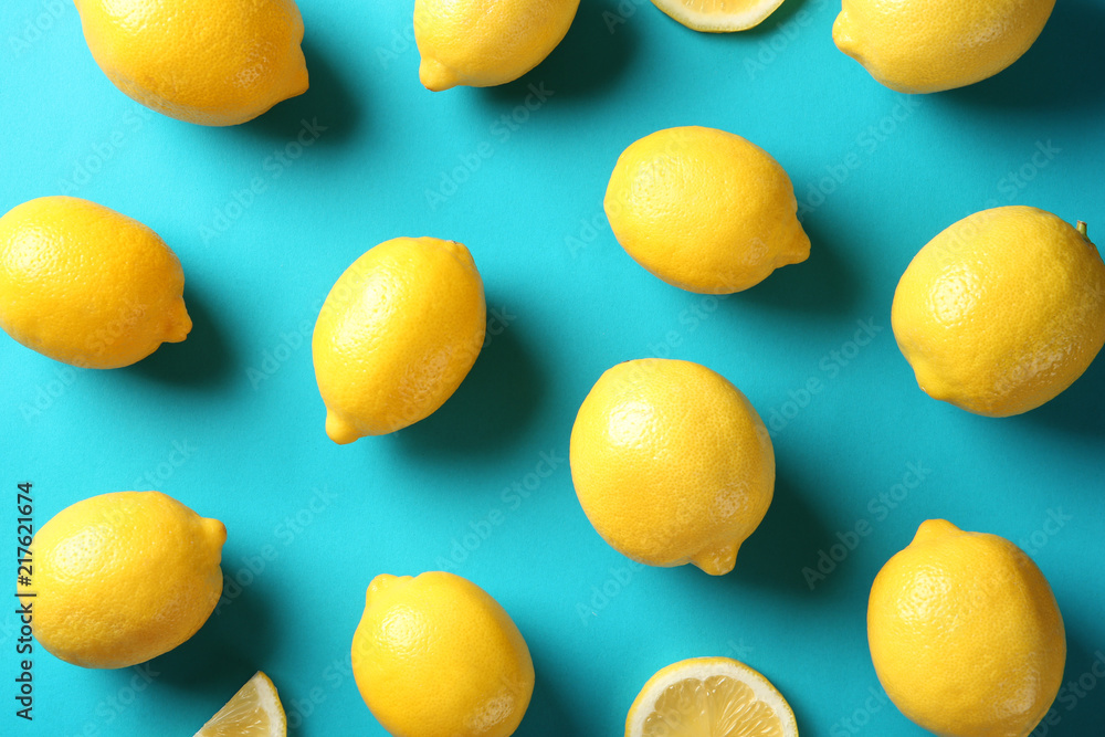 Flat lay composition with lemons on color background Flat lay composition with lemons on color background