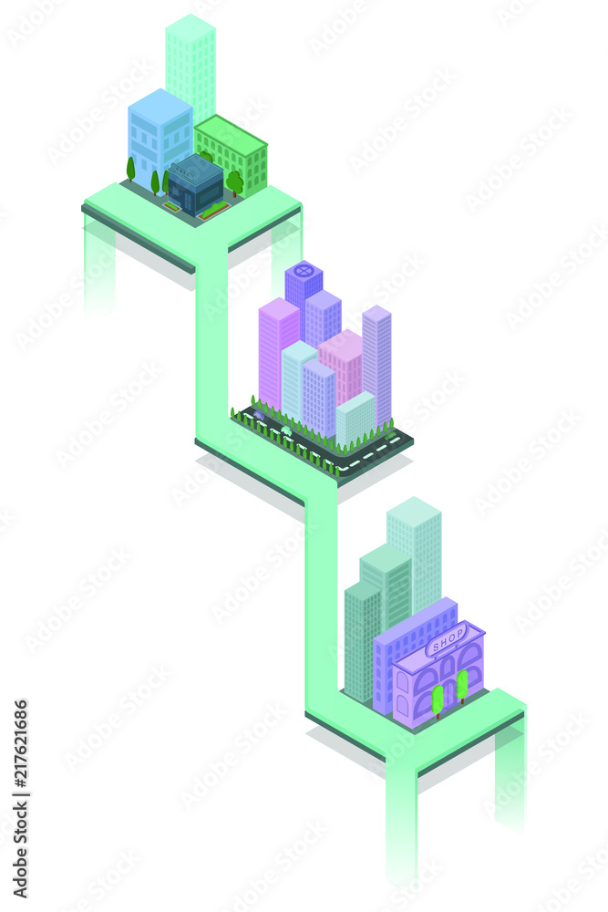 Isometric 3D cityscape view of the top of the house and street tres. Vector illustration. Isometric 3D cityscape view of the top of the house and street tres. Vector illustration.