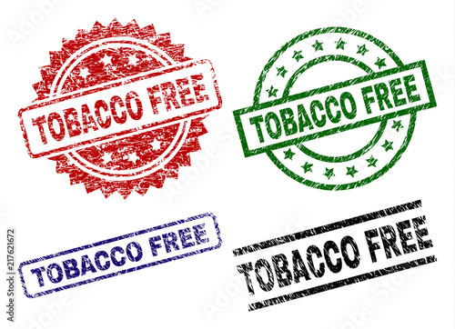TOBACCO FREE seal prints with distress surface. Black, green,red,blue vector rubber prints of TOBACCO FREE tag with dirty surface. Rubber seals with round, rectangle, medallion shapes.