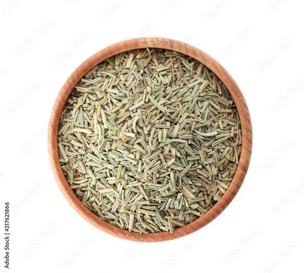 Bowl with rosemary on white background, top view. Different spices Bowl with rosemary on white background, top view. Different spices