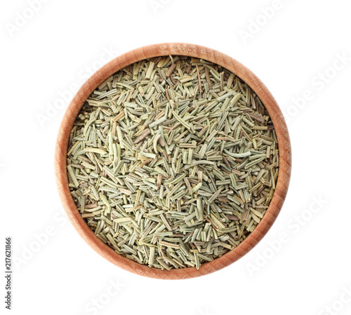 Bowl with rosemary on white background, top view. Different spices