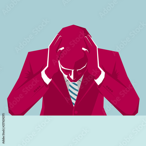 Contemplative businessman holding head. The background is blue.