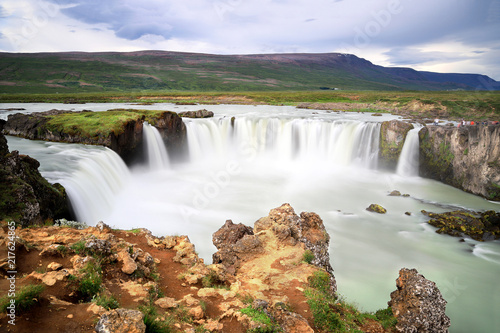 Beautiful top view of the Godafoss waterfall in summer time  Iceland