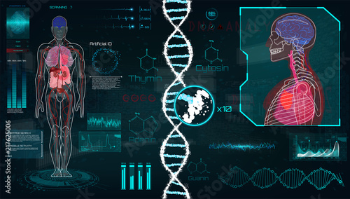 Head Up Display (HUD) UI for Medical App, Futuristic Medical HUD Interface, virtual graphic touch UI with illustration of Brain Scan, Heart Scan, DNA, Human Body, statistic and Electrocardiogram.