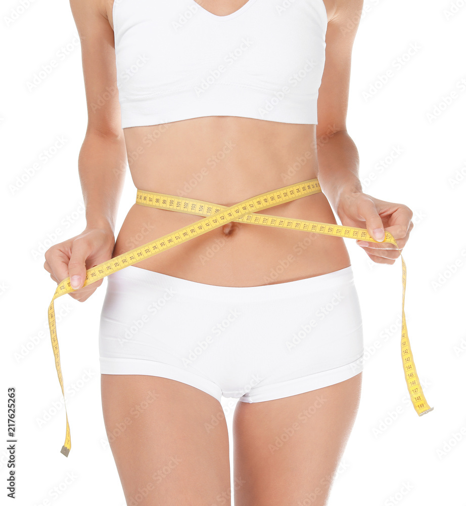 Young slim woman in underwear with measuring tape on white background. Weight loss diet
