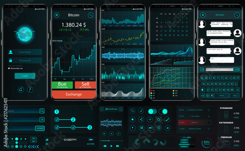 Interface app template for trading platform. UI, UX, Kit. Professional trader tools for successful trading. Trade exchange app on phone screen. Mobile banking cryptocurrency ui. Vector set elements
