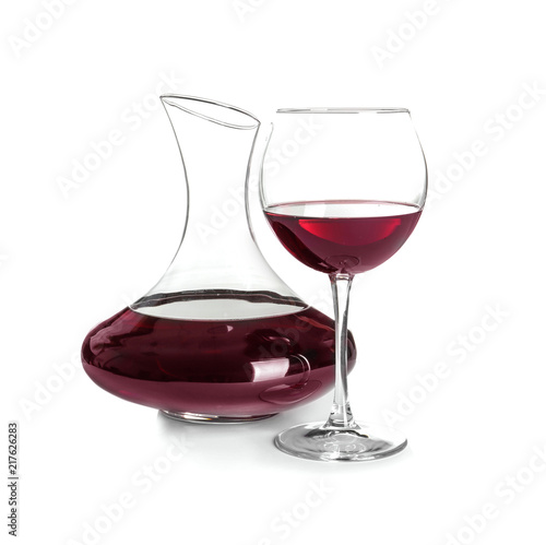 Photography Elegant decanter and glass with red wine on white background