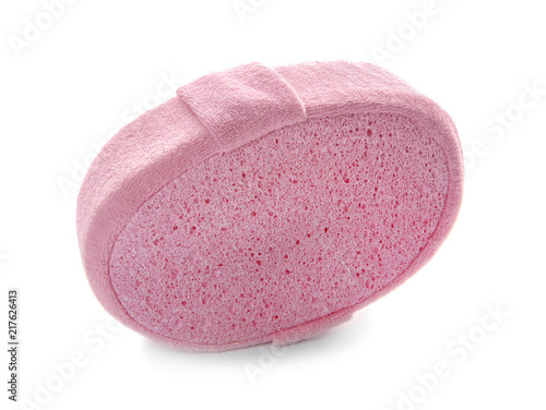 New pink bath sponge on white background