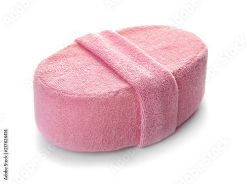 New pink bath sponge on white background