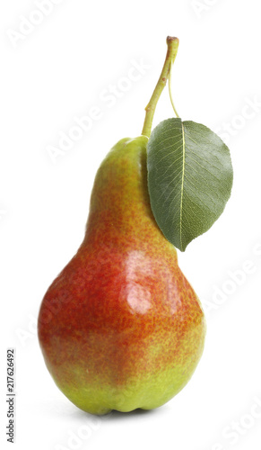 Whole ripe pear on white background