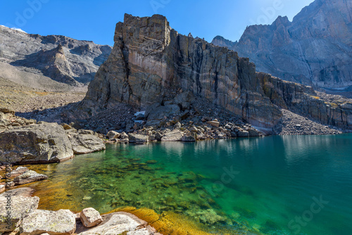 Chasm Lake - A summer afternoon view of Chasm Lake at base of Longs peak, Rocky Mountain National Park, Colorado, USA. 