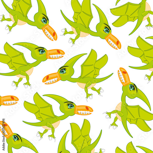 Bird dinosaur pterodactyl pattern.Cartoon prehistorical birds pterodactyl on white