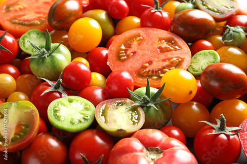 Different sorts of ripe tomatoes, closeup