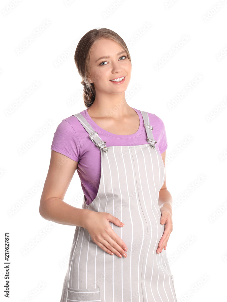 Happy pregnant woman touching her belly on white background Happy pregnant woman touching her belly on white background