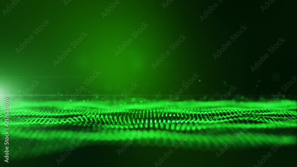 Green digital abstract background with wave particles, glow sparkles ...