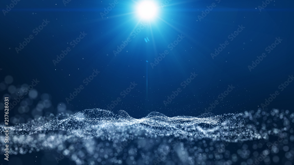 dark blue background with floating blue bubbles and sparkling light ...