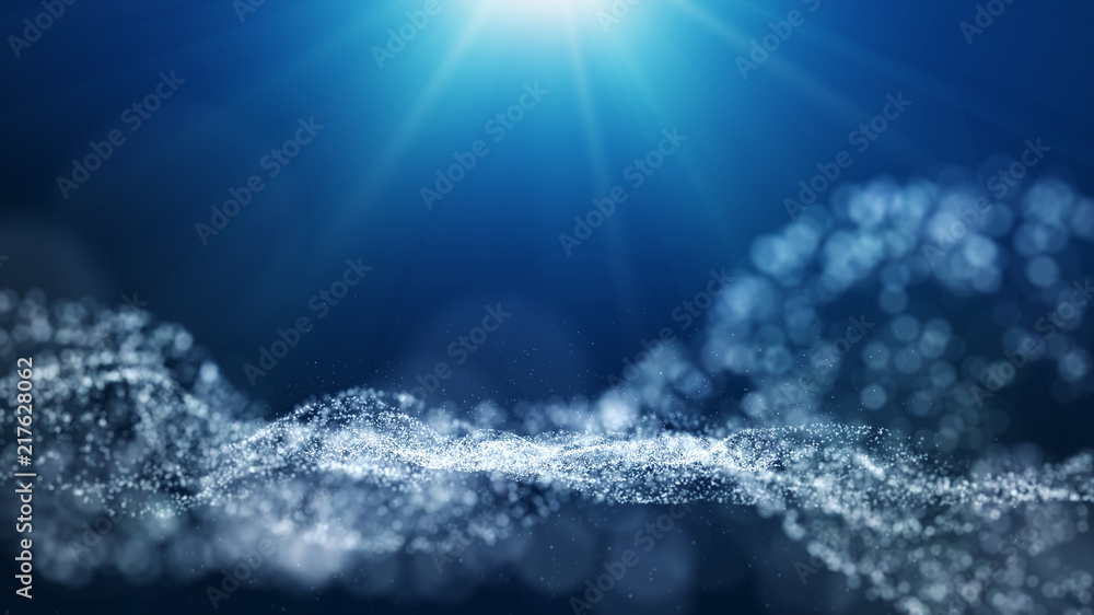 dark blue background with floating blue bubbles and sparkling light ...