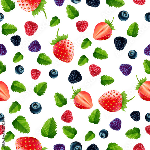 Fototapeta Naklejka Na Ścianę i Meble -  Mix berry, Strawberries, blueberries, blackberries, raspberries seamless pattern isolated on white background, vector and illustration.