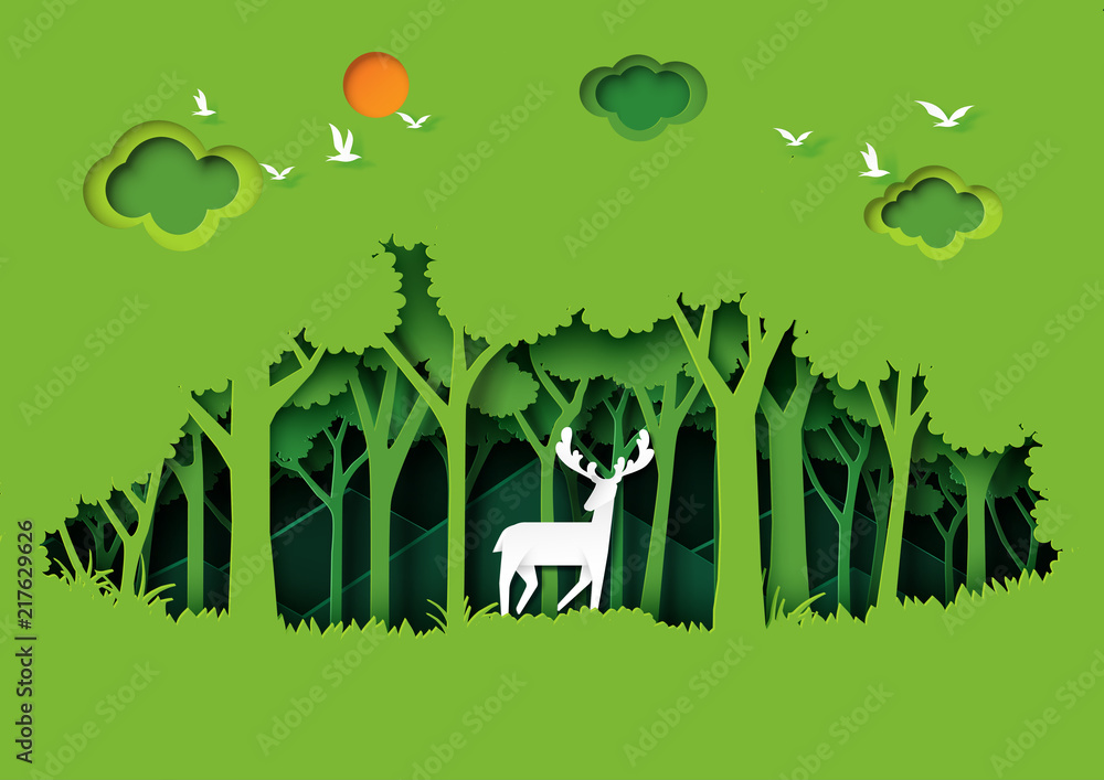Naklejka premium Jeleń dzikość i eko zielony natura las tło szablon. Ekologia i ochrona środowiska kreatywny pomysł koncepcja papier styl sztuki. Ilustracja wektorowa.
