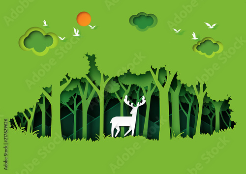 Deer wildlife and eco green nature forest background template.Ecology and environment conservation creative idea concept paper art style.Vector illustration.