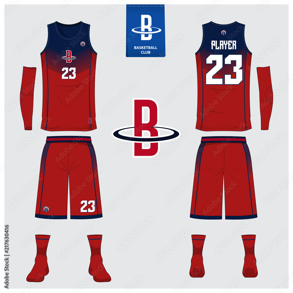 Naklejka premium Basketball jersey or sport uniform, shorts, socks template for basketball club. Front and back view sport t-shirt design. Tank top t-shirt mock up with basketball flat logo design. Vector 
