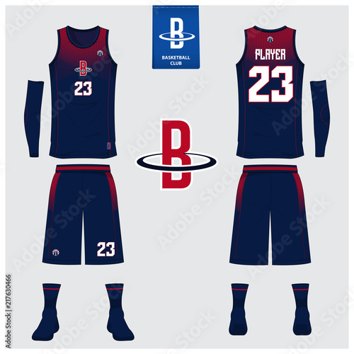 Basketball jersey or sport uniform, shorts, socks template for basketball club. Front and back view sport t-shirt design. Tank top t-shirt mock up with basketball flat logo design. Vector 