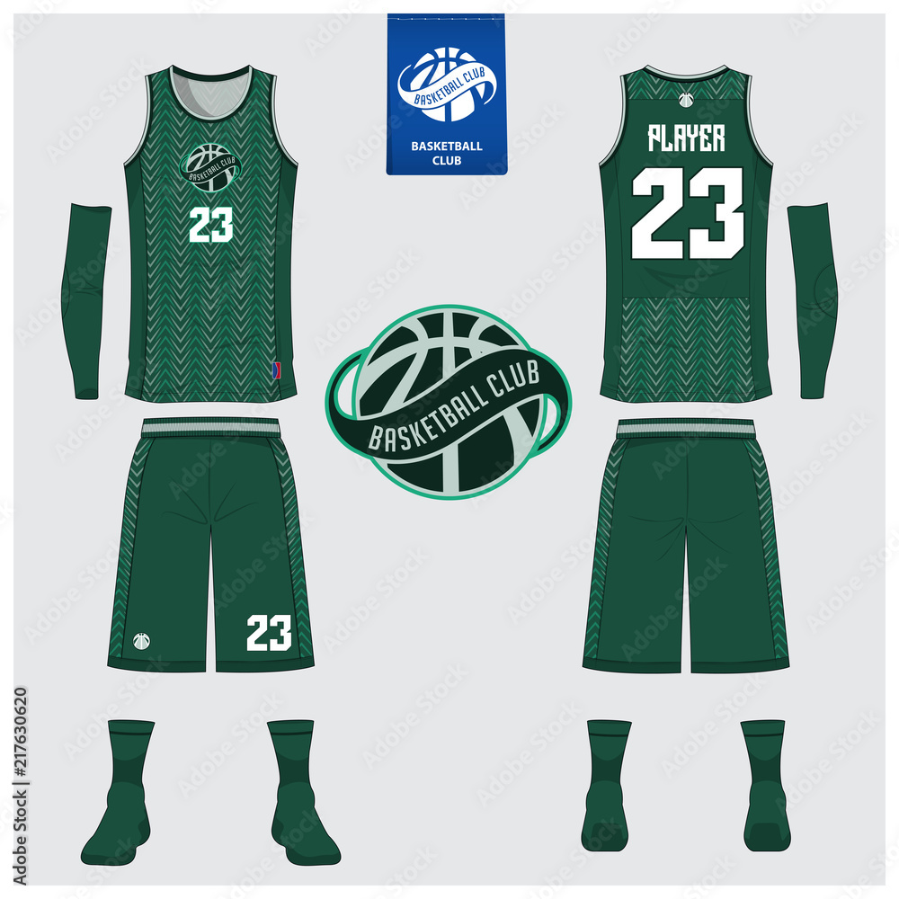 Fototapeta premium Basketball jersey or sport uniform, shorts, socks template for basketball club. Front and back view sport t-shirt design. Tank top t-shirt mock up with basketball flat logo design. Vector 