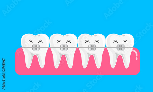 Teeth with braces icon design. Orthodontic braces flat icon for web and mobile, modern flat design. Vector illustration isolated on blue background.