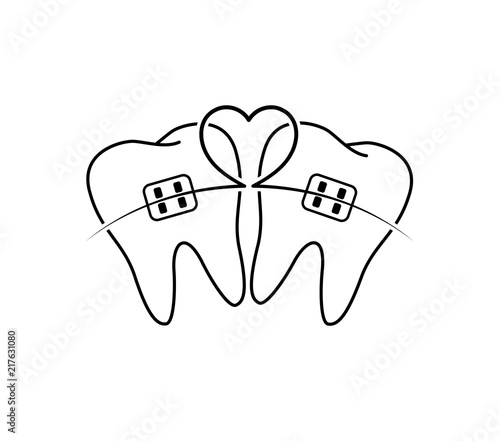 Teeth with braces icon design with heart line. Orthodontic braces flat icon for web and mobile, modern flat design. Vector illustration isolated on blue background.