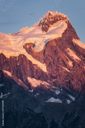 Glacier covered peak at sunrise; Torres del Paine NP; Chile