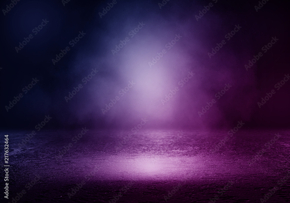Background of empty room with spotlights and lights, abstract purple background with neon glow Background of empty room with spotlights and lights, abstract purple background with neon glow