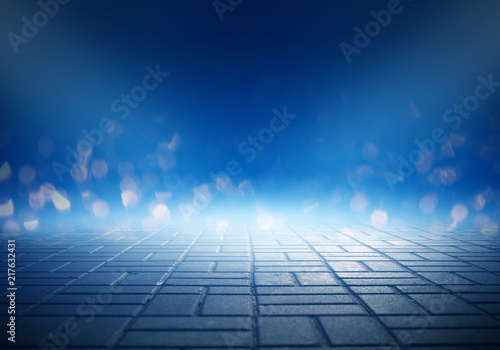 Empty scene of a show with lanterns and concrete floor, blue abstract background with bokeh, lights, rays