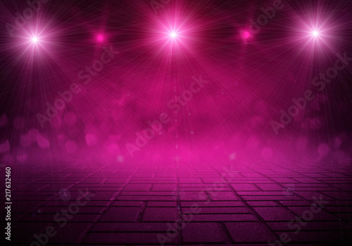 Background of empty room with spotlights and lights, abstract purple background with neon glow