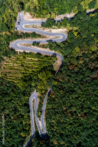 Winding road serpentine from a high mountain pass in the mosel village Brodenbach Germany Aerial view photo