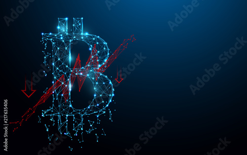 Bitcoin is falling down form lines, triangles and particle style design. Illustration vector