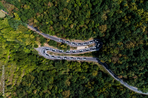 Winding road serpentine from a high mountain pass in the mosel village Brodenbach Germany Aerial view photo