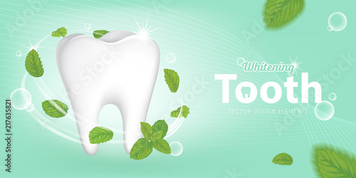 Fresh mint leaves with whitening formula for sparkling shining white healthy clean teeth on green background.