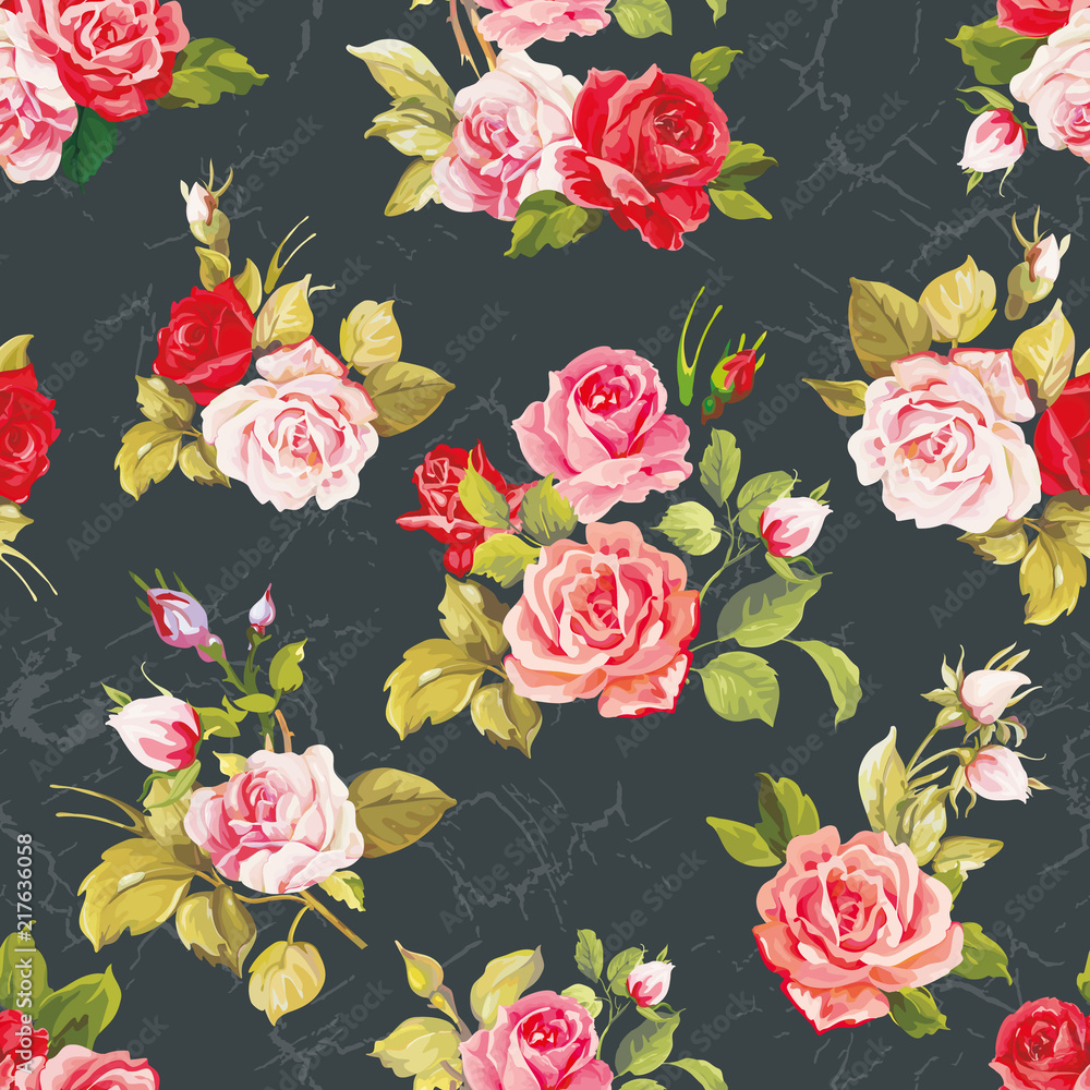 Vector Seamless pattern with pink roses