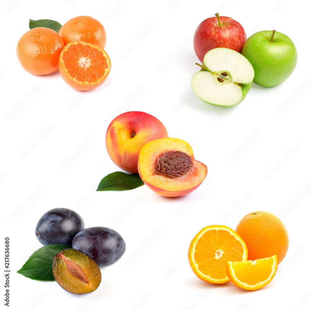 Set of Raw Juicy Fruits with Leaves, Isolated on White Background