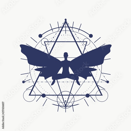 Mystery, witchcraft, occult and alchemy tattoo sign. Mystical vintage gothic geometry thin lines symbol with butterfly woman in lotus yoga pose