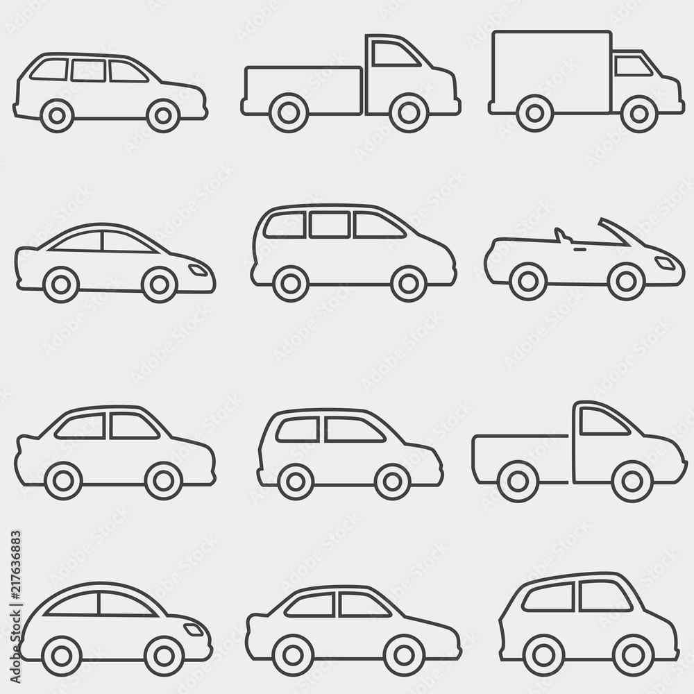 Cars, vans and truck line icons