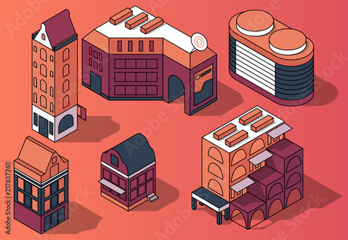 Vector set of 3D isometric residential multi-storey buildings, houses in modern and retro style in pink and purple colors isolated on background. Design elements