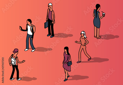 Vector isometric set of faceless people, men and women in casual clothing, front and back view. Characters in motion isolated on pink background, design elements