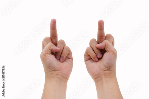 Human two hand gesturing with middle finger on white background